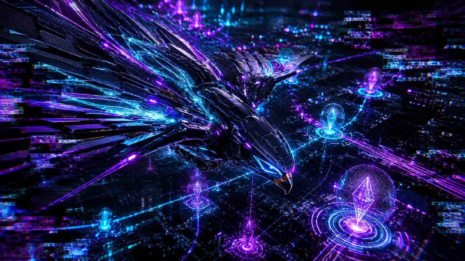 Cyberpunk mechanical falcon with neon cyan and violet wings diving over a holographic data lattice with crystalline node markers